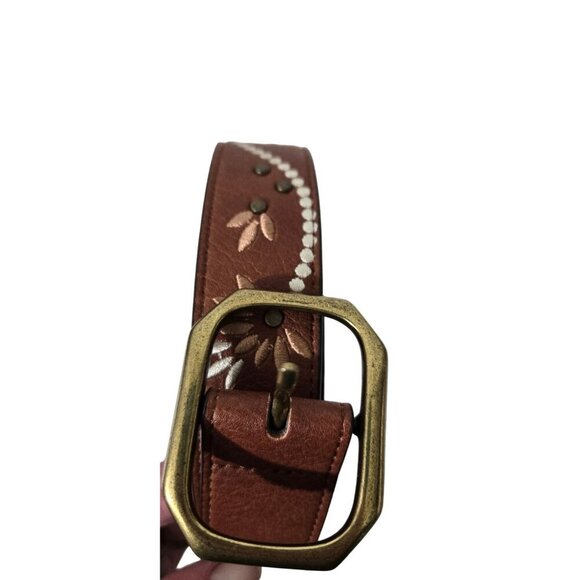 Brown Studded & Floral Embroidered Faux Leather‎ Belt 3XL With Brass Tone Buckle - Picture 1 of 10